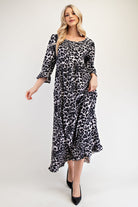 Celeste Gray Leopard Round Neck Flounce Sleeve Dress