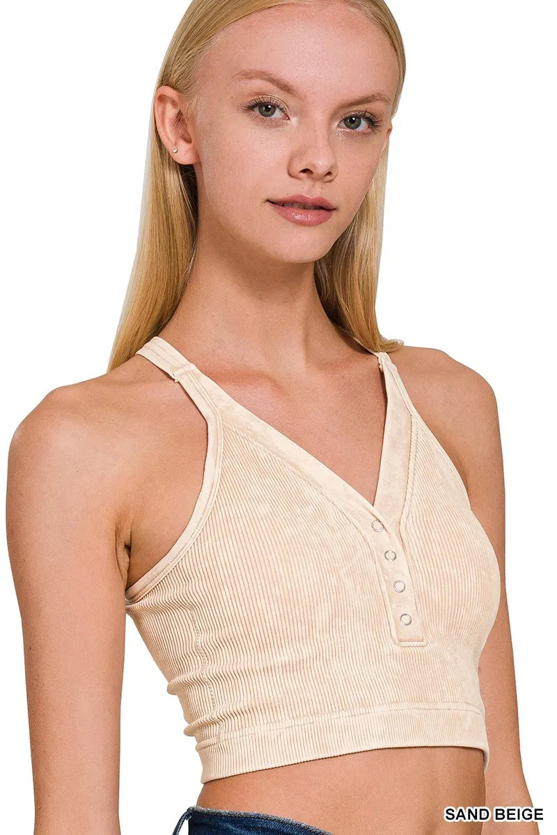 Zenana Sand Beige Washed Ribbed Seamless Button V-neck Tank Top SAND BEIGE