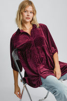 Umgee Burgundy Velvet Beaded Button Up Half Sleeve Tunic Shirts & Tops