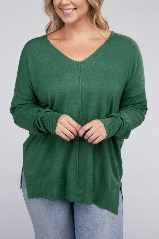 Zenana Plus Garment Dyed Front Seam Sweater H DK GREEN ZENANA