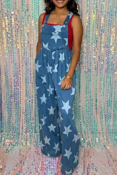 Preorder Star Print Buttoned Strap Wide Leg Denim Overalls