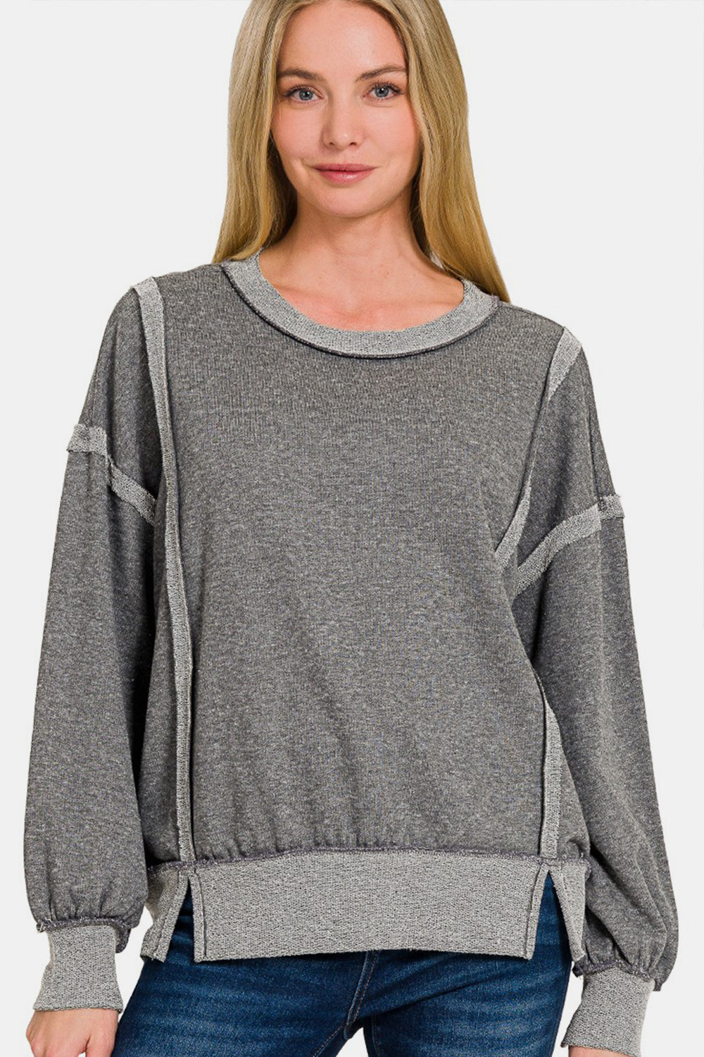 Zenana Grey Washed Exposed-Seam Sweatshirt Grey Trendsi