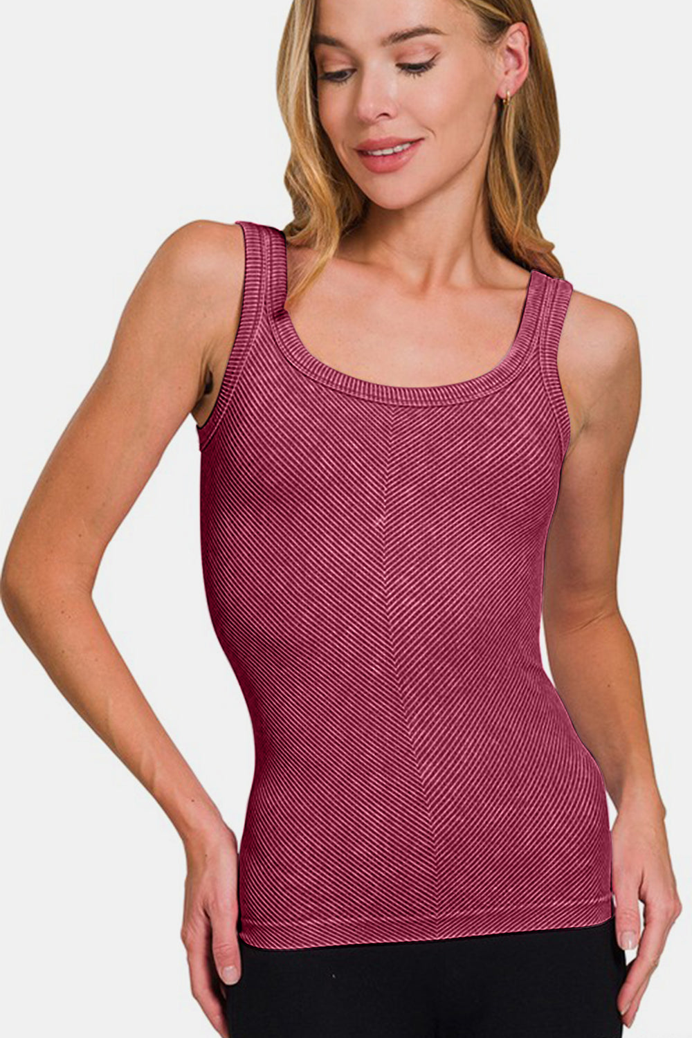 Zenana Burgundy Stone Washed Ribbed Scoop Neck Tank Top