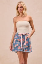 BiBi Braided Waist Belt Patch Pockets Floral Print Denim Shorts
