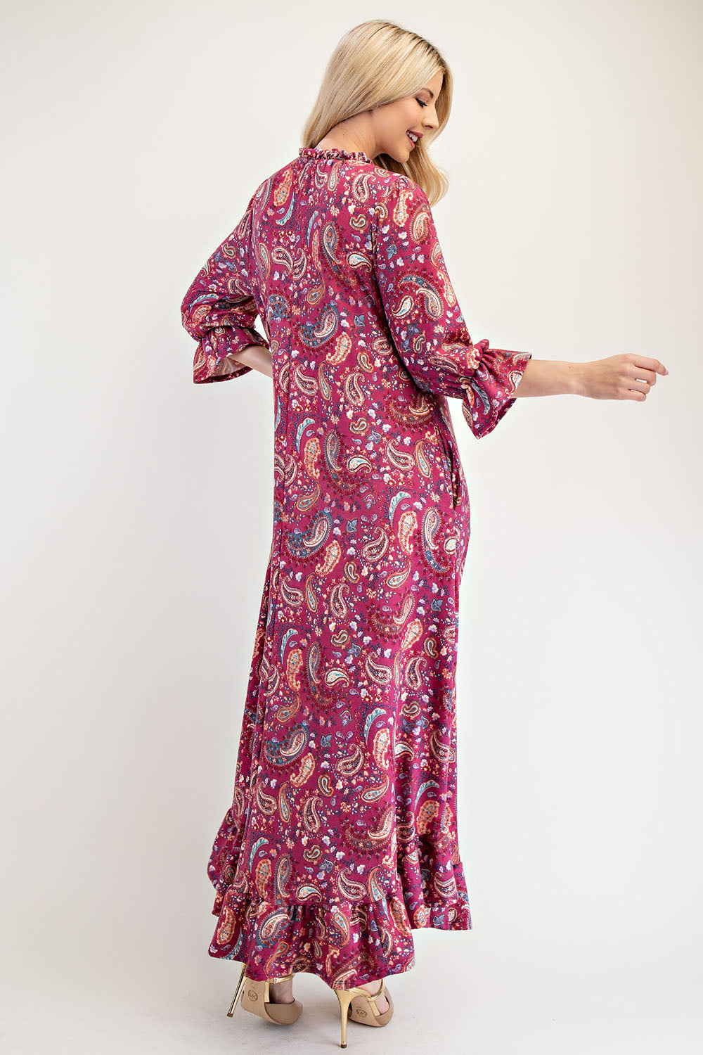 Celeste Cerise Ruffle Hem Paisley Round Neck Maxi Dress Dresses