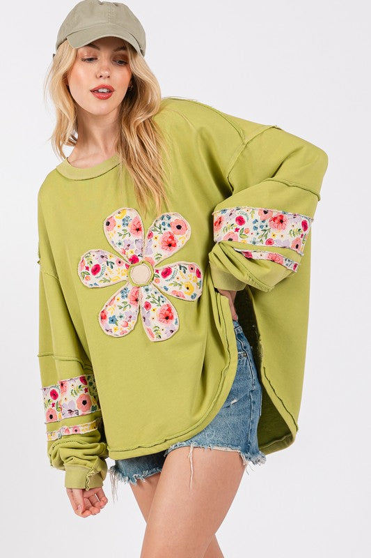 SAGE + FIG Daisy Patch Applique Long Sleeve Sweatshirt Shirts & Tops