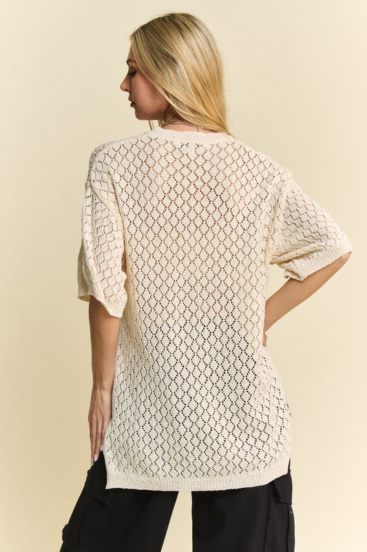 Davi & Dani Cream Beige Side Slit Openwork Round Neck Half Sleeve Knit Cover Up Shirts & Tops