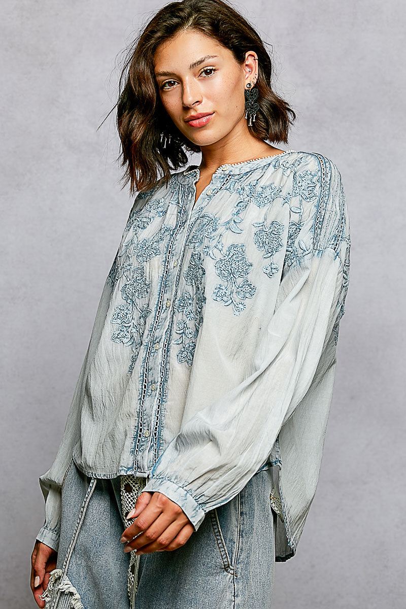 POL Denim Blue Floral Embroidered Button Down Long Sleeve Shirt