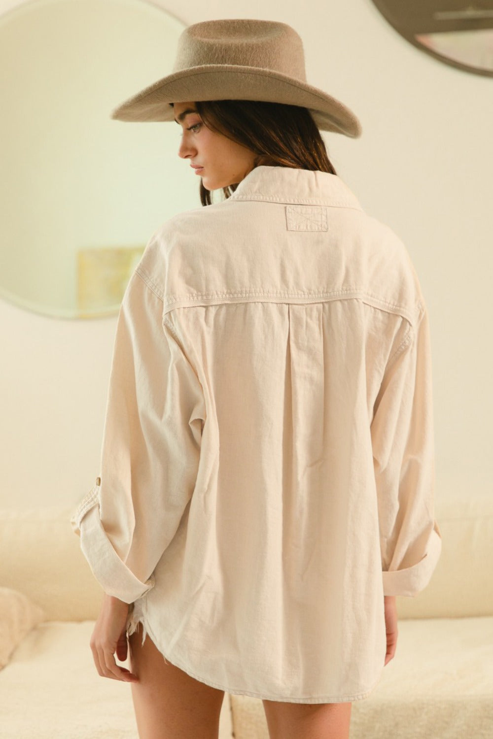 BiBi Oatmeal Button Down Stitch Detail Shirt with Chest Pockets Trendsi