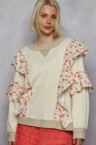 POL Powder Cream Round Neck Sweater with Floral Ruffle Detail POWDER CREAM