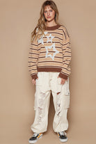 POL Star Patch Stripe Round Neck Sweater Trendsi