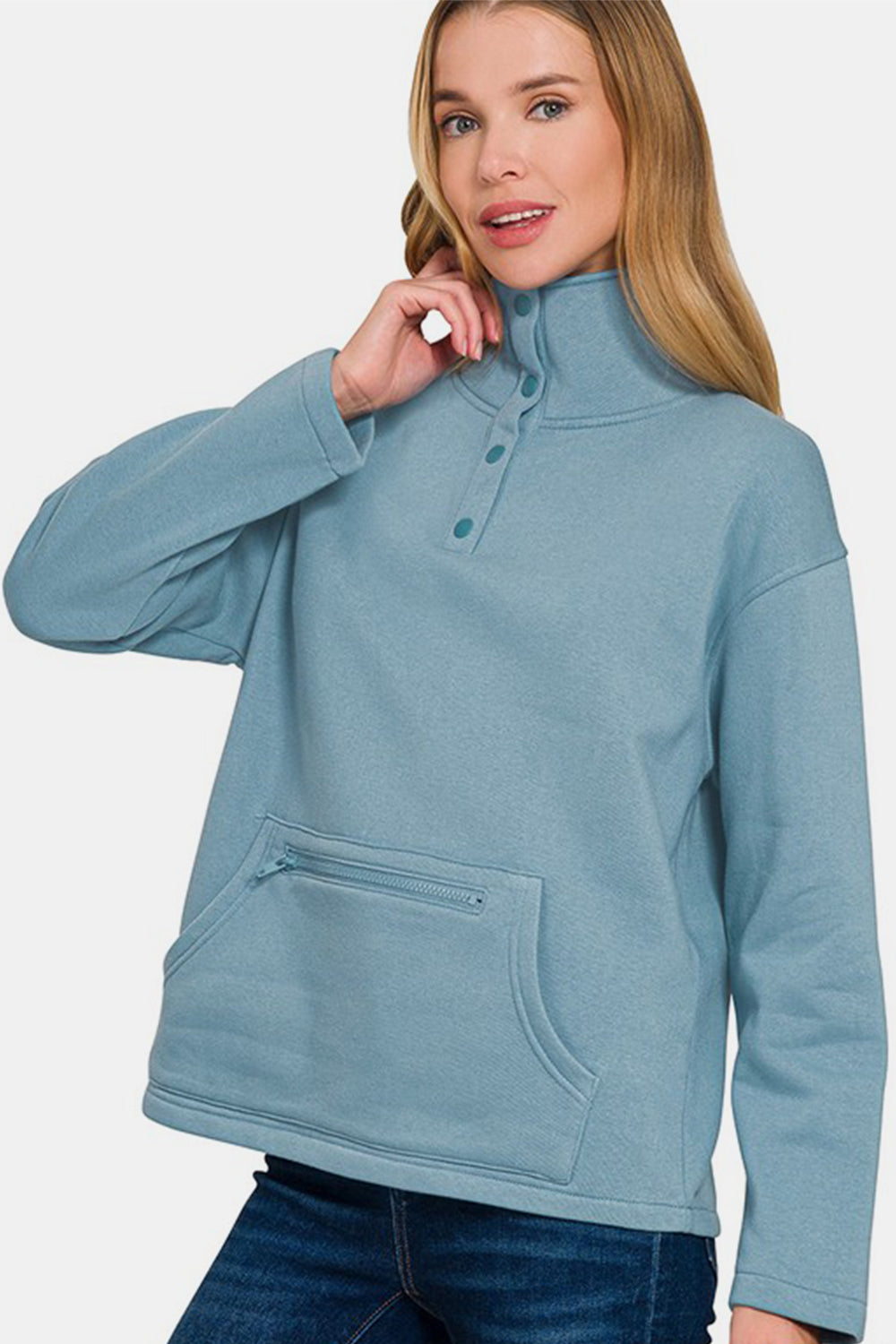 Zenana Air Force Blue Turtleneck Half Snap Fleece Sweatshirt Shirts & Tops