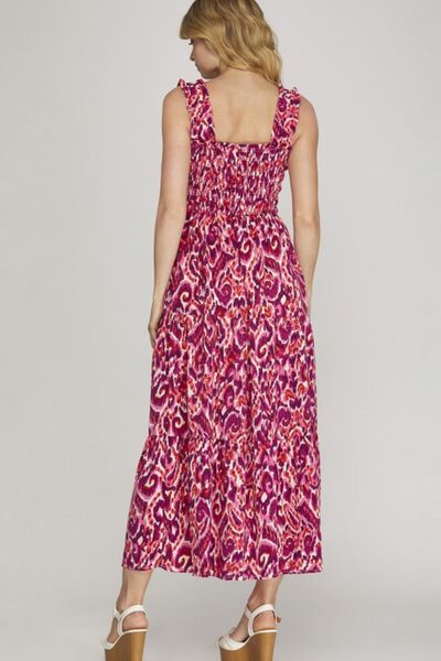 She + Sky Deep Rose Smocked Printed Wide Strap Tiered Dress