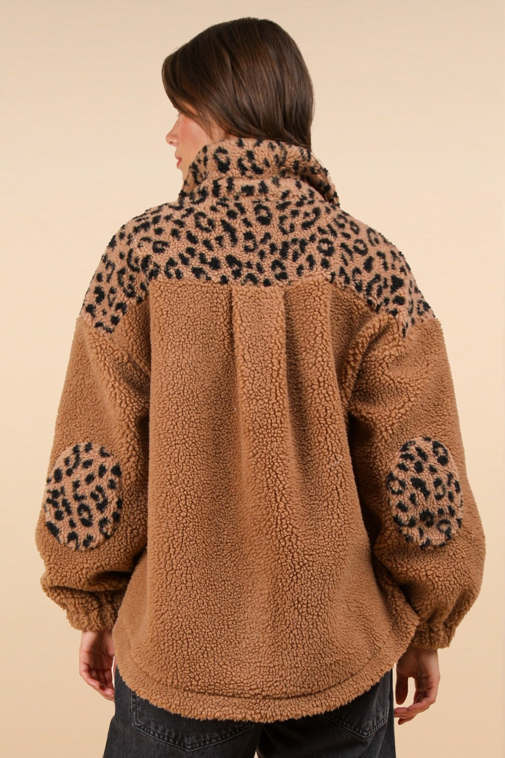 VERY J Fuzzy Leopard Button Down Long Sleeve Jacket Trendsi