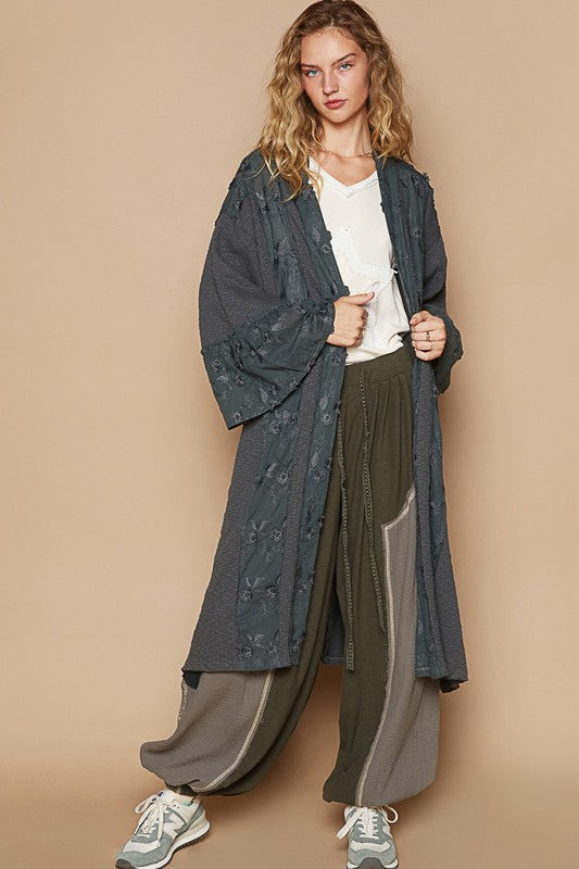 POL Flower Lace Trim Open Front Longline Cardigan in Charcoal Charcoal Cardigan