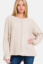 Zenana Sand Beige Brushed High-Low Side Slit Dolman Sleeve Top Sand Beige Shirts & Tops