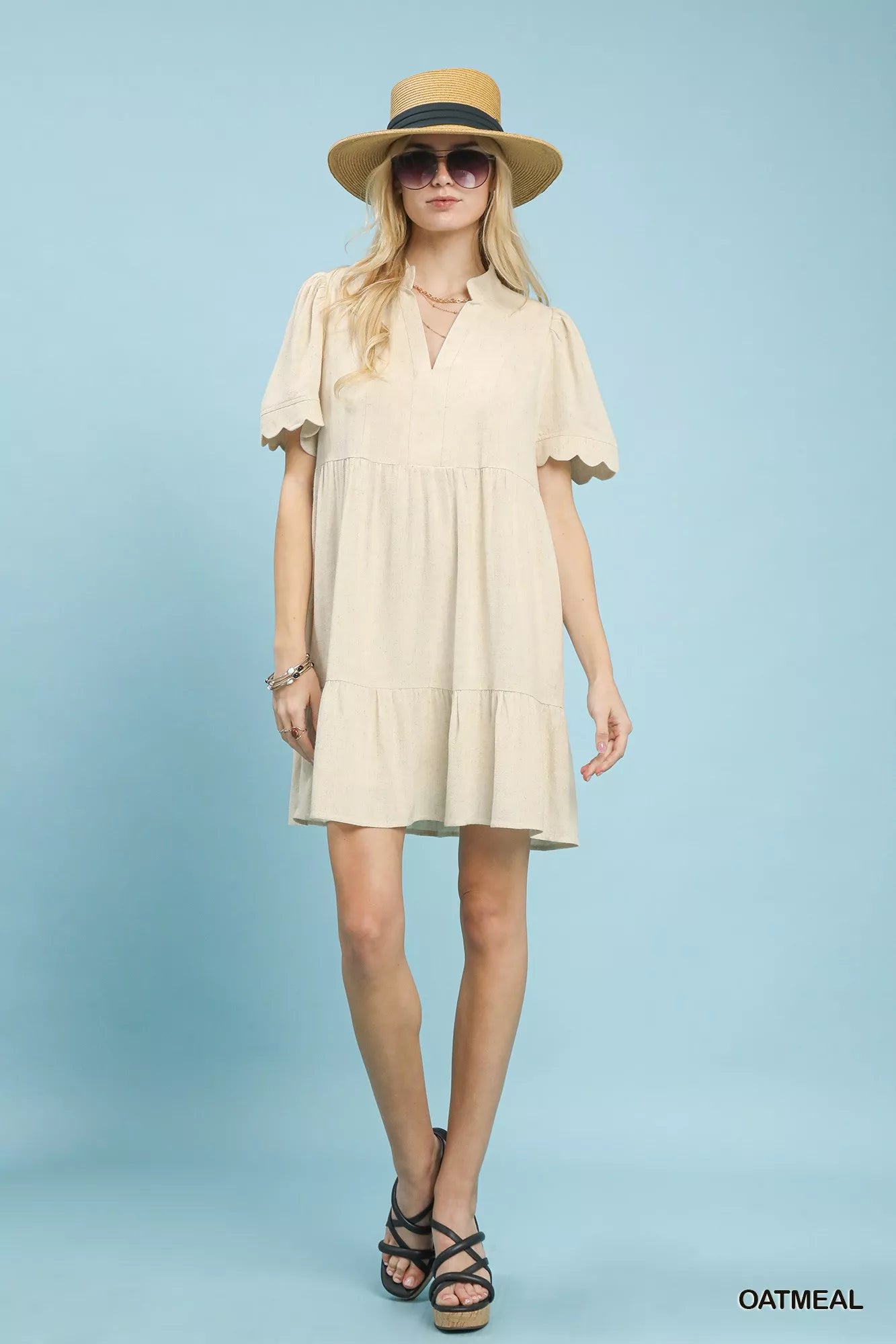 Umgee Oatmeal Linen Tiered Babydoll Dress with Scalloped Sleeves