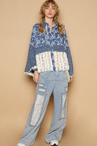 POL Peacock Blue Lace Hem Embroidered Long Sleeve Shirt Shirts & Tops