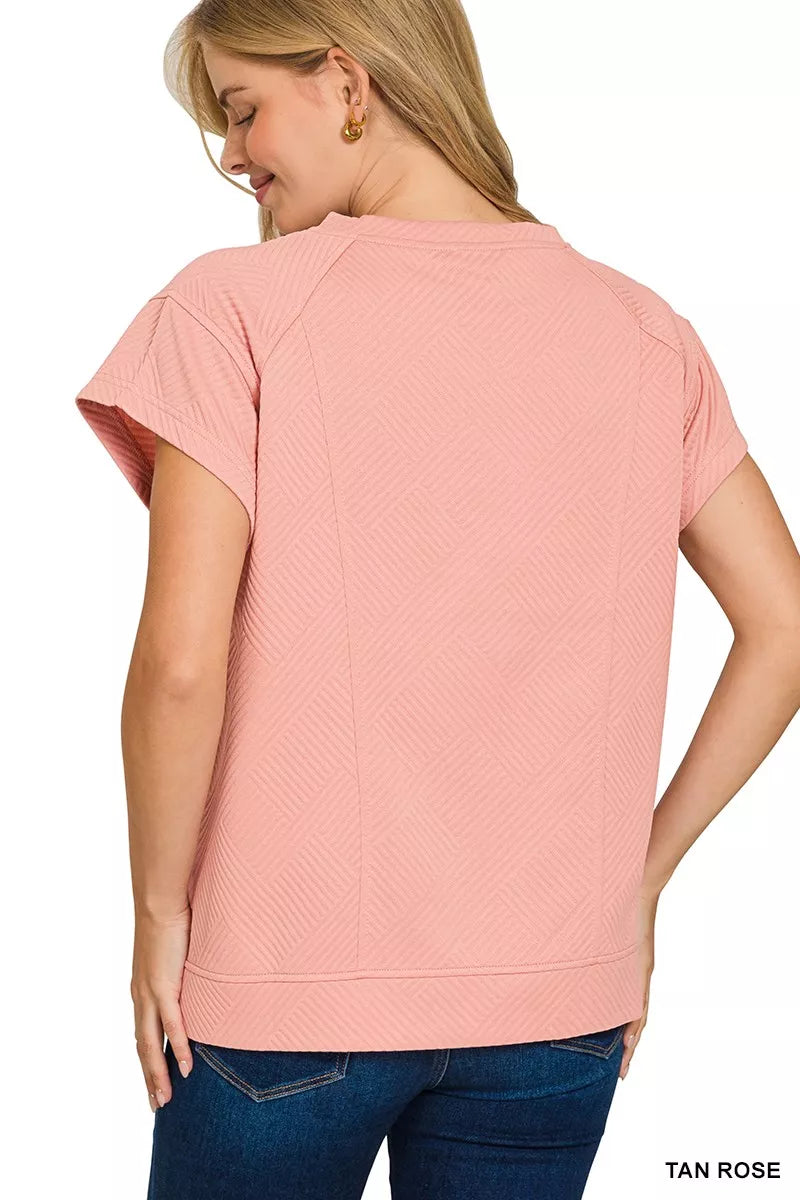 Zenana Tan Rose Textured Knit Jacquard Short Sleeve Top