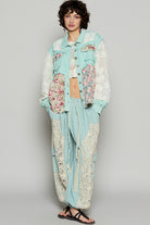 POL Mint Blue Floral Crochet Lace Frayed Edge Button Up Shacket