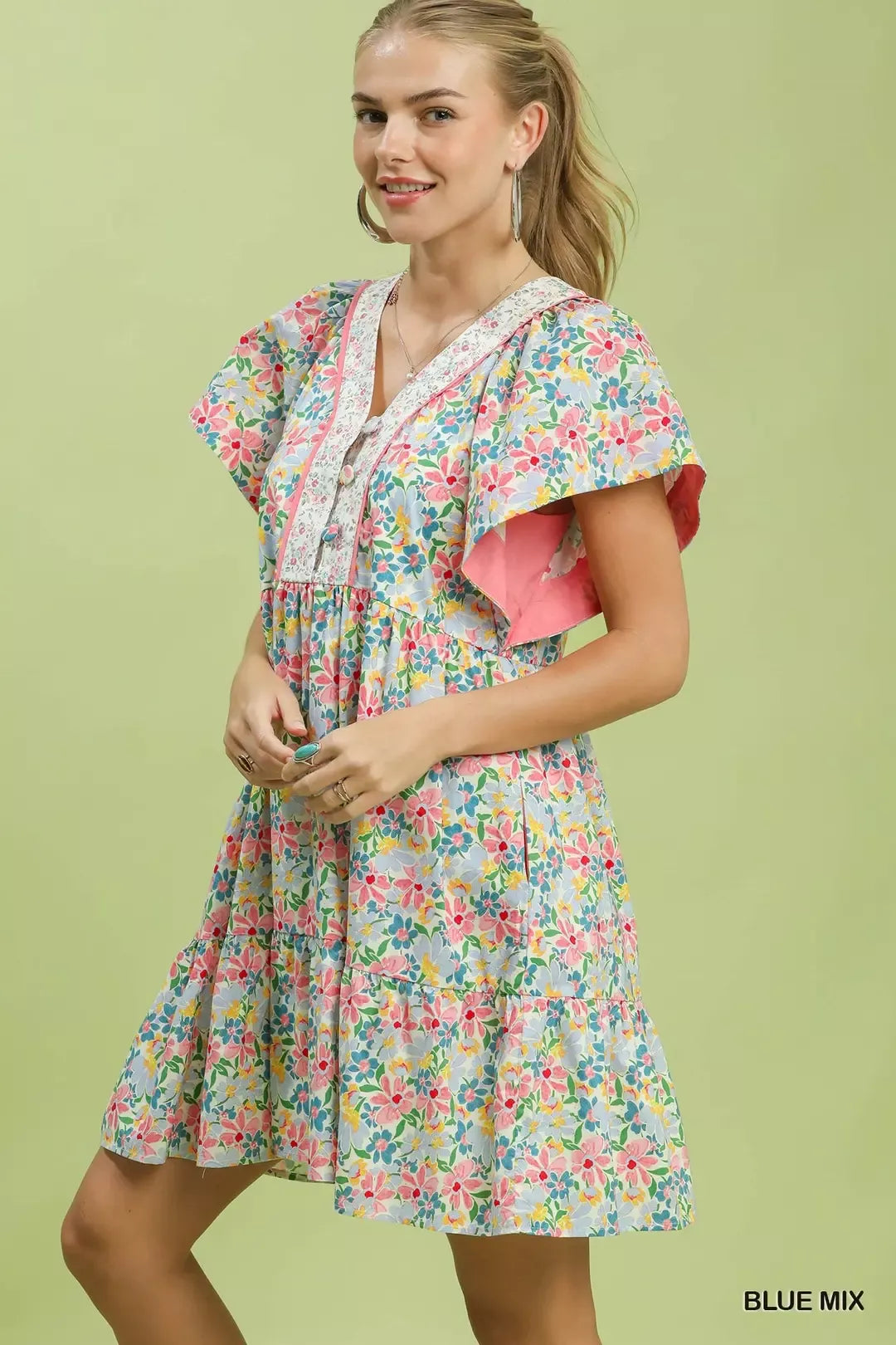 Umgee Blue Mix Floral Tiered Mini Dress with Side Pockets