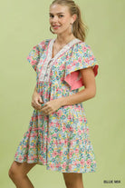 Umgee Blue Mix Floral Tiered Mini Dress with Side Pockets