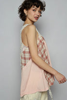 POL Crochet Lace Plaid Panel Detail Tank in Watermelon Pink