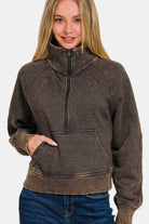 Zenana Acid Washed Half Zip Fleece Sweatshirt Ash Black Shirts & Tops