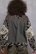 POL Moss Charcoal Contrast Floral Embroidery Balloon Sleeve Top with Tassel Trim