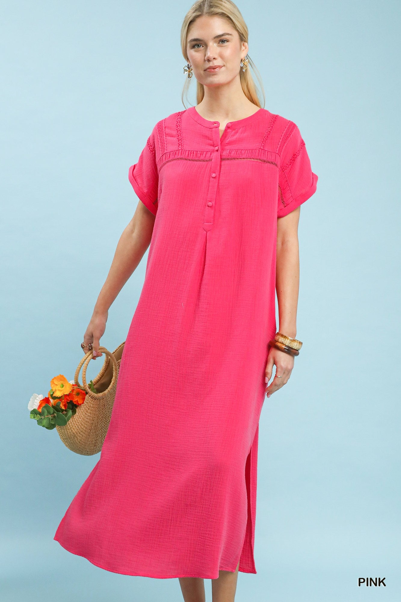 Umgee Pink Button-Front Gauze Midi Dress with Lace Detail PINK