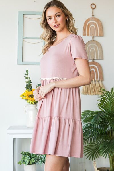 Heimish Dusty Rose Solid Mini Tiered Dress with Pompom Lace