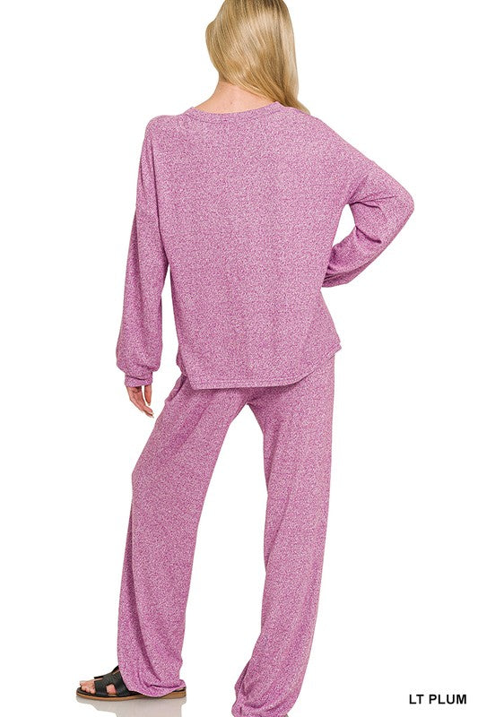 Zenana Black Soft Melange Hacci Long Sleeve Tee & Pants Set