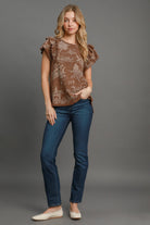 Umgee Ruffled Landscape Print Short Sleeve French Terry Blouse in Brown Shirts & Tops