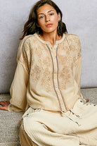 POL Almond Embroidery Button Down Long Sleeve Bohemian Washed Shirt