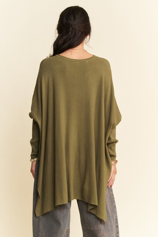 Davi & Dani Olive High-Low Side Slit Batwing Sleeve Top