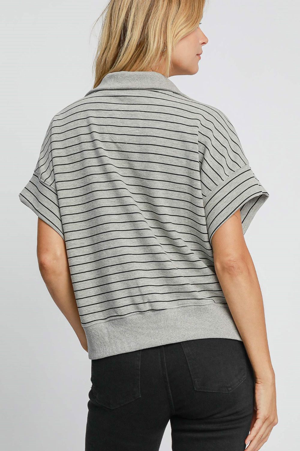 Umgee Gray Striped Half Zip Short Sleeve Sweatshirt