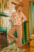 BiBi Oatmeal Floral Print Washed Waffle Thermal Top With Thumb