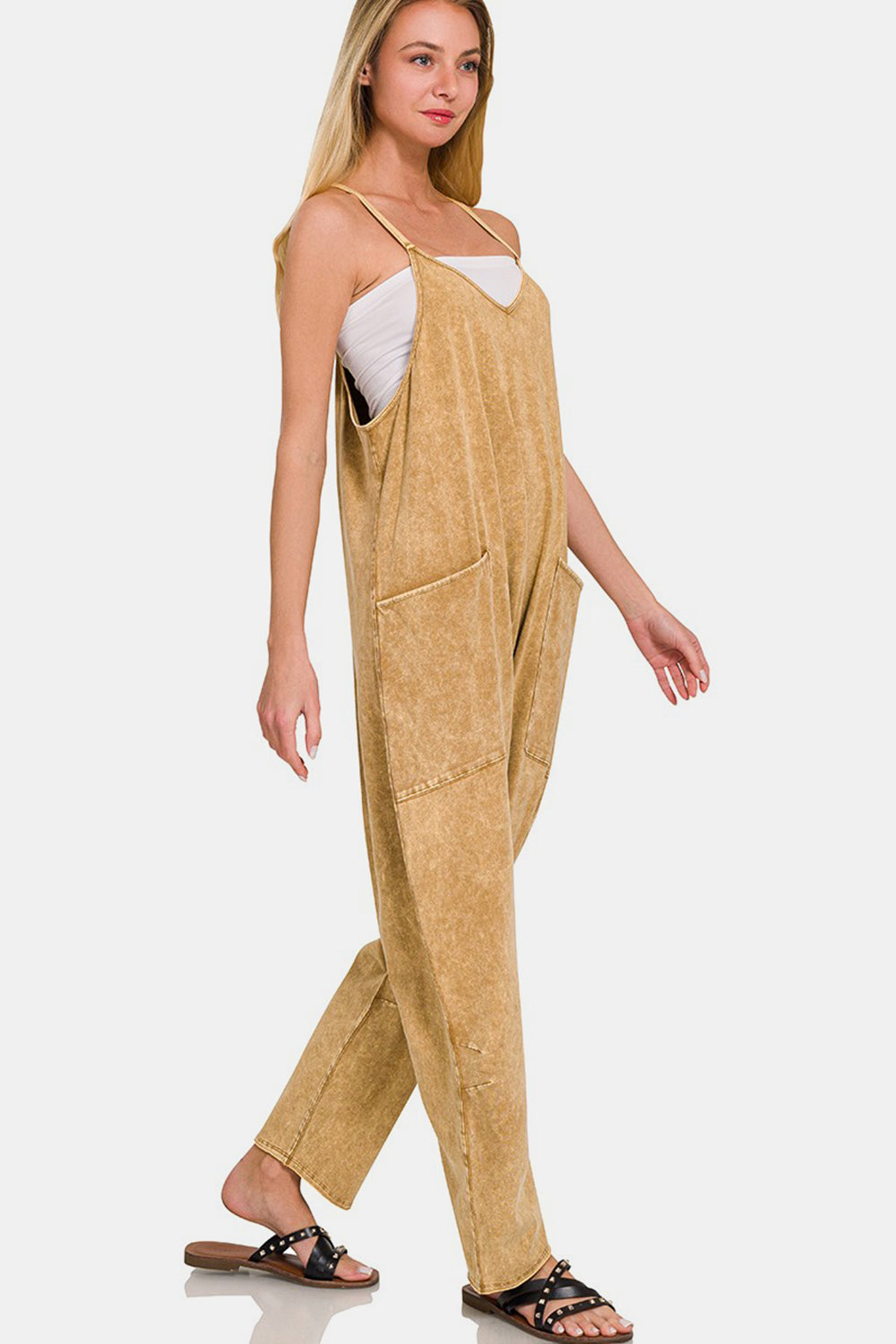 Zenana Camel Washed Spaghetti Strap Jumpsuit with Pockets Camel Trendsi