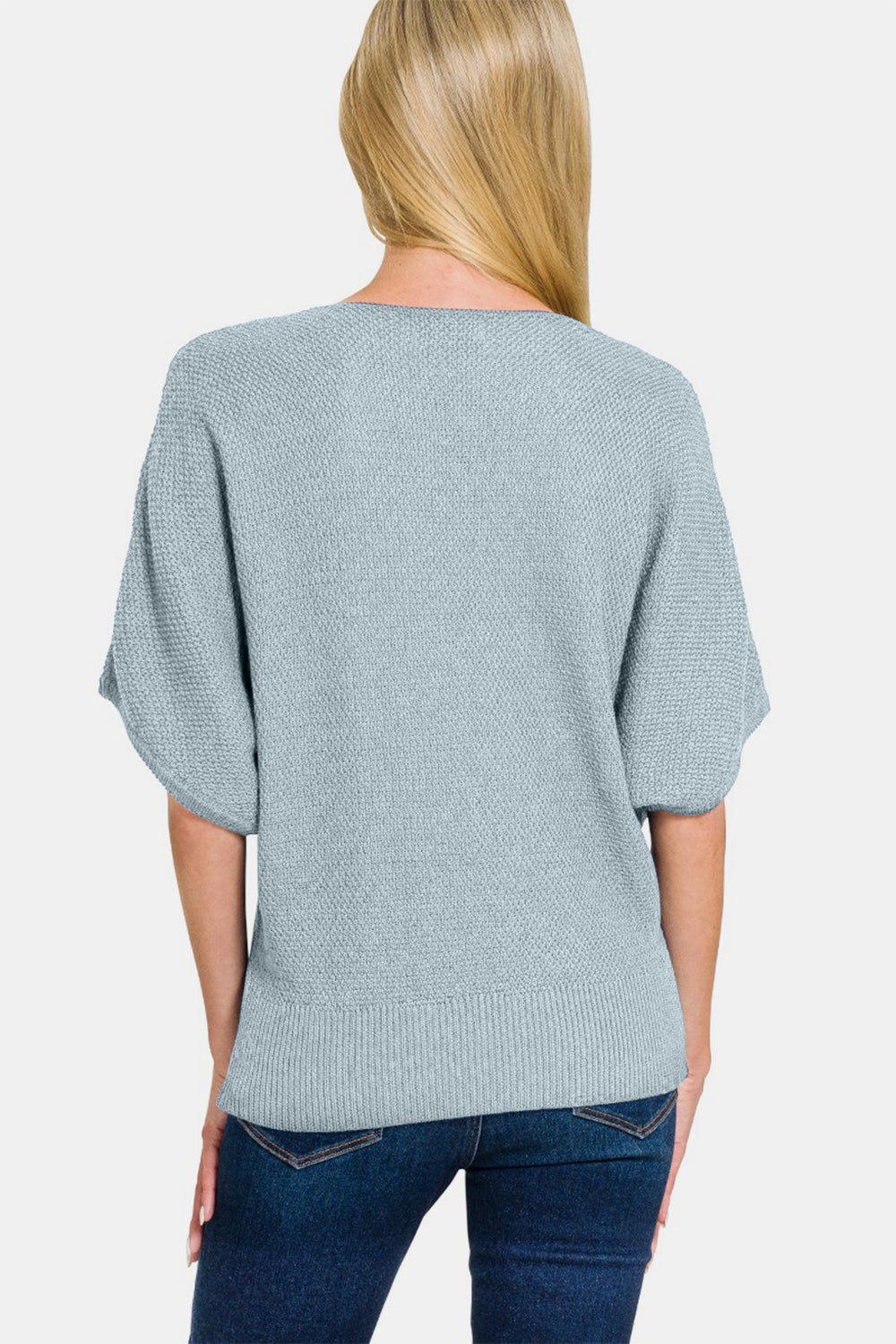 Zenana Blue Grey V-Neck Short Sleeve Dolman Sweater Shirts & Tops