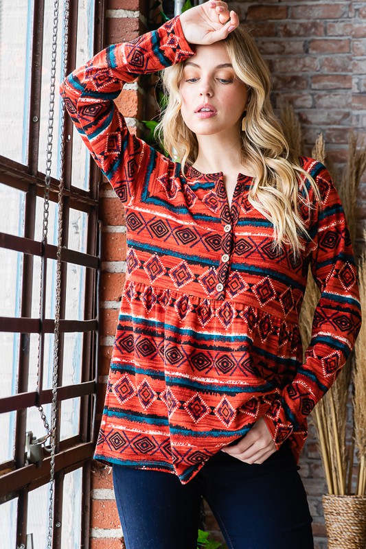 Heimish Scarlet Geometric Button Detail Long Sleeve Babydoll Top Shirts & Tops