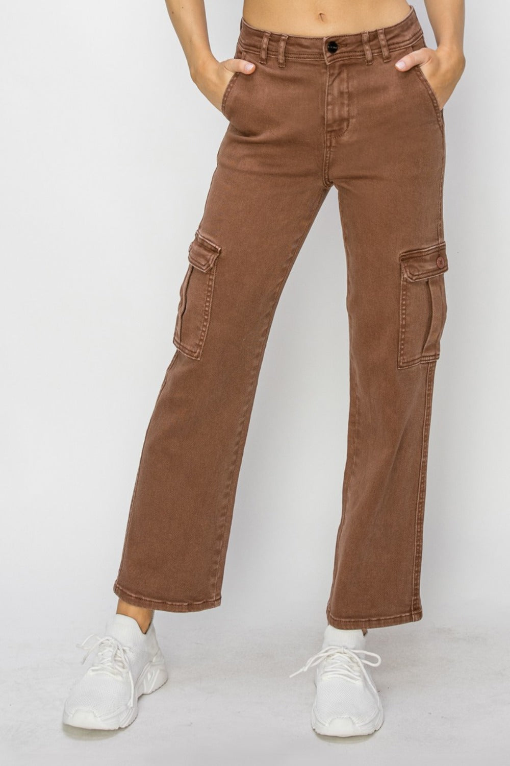 Risen Espresso High Rise Cargo Jeans Espresso Trendsi