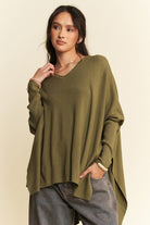 Davi & Dani Olive High-Low Side Slit Batwing Sleeve Top Olive