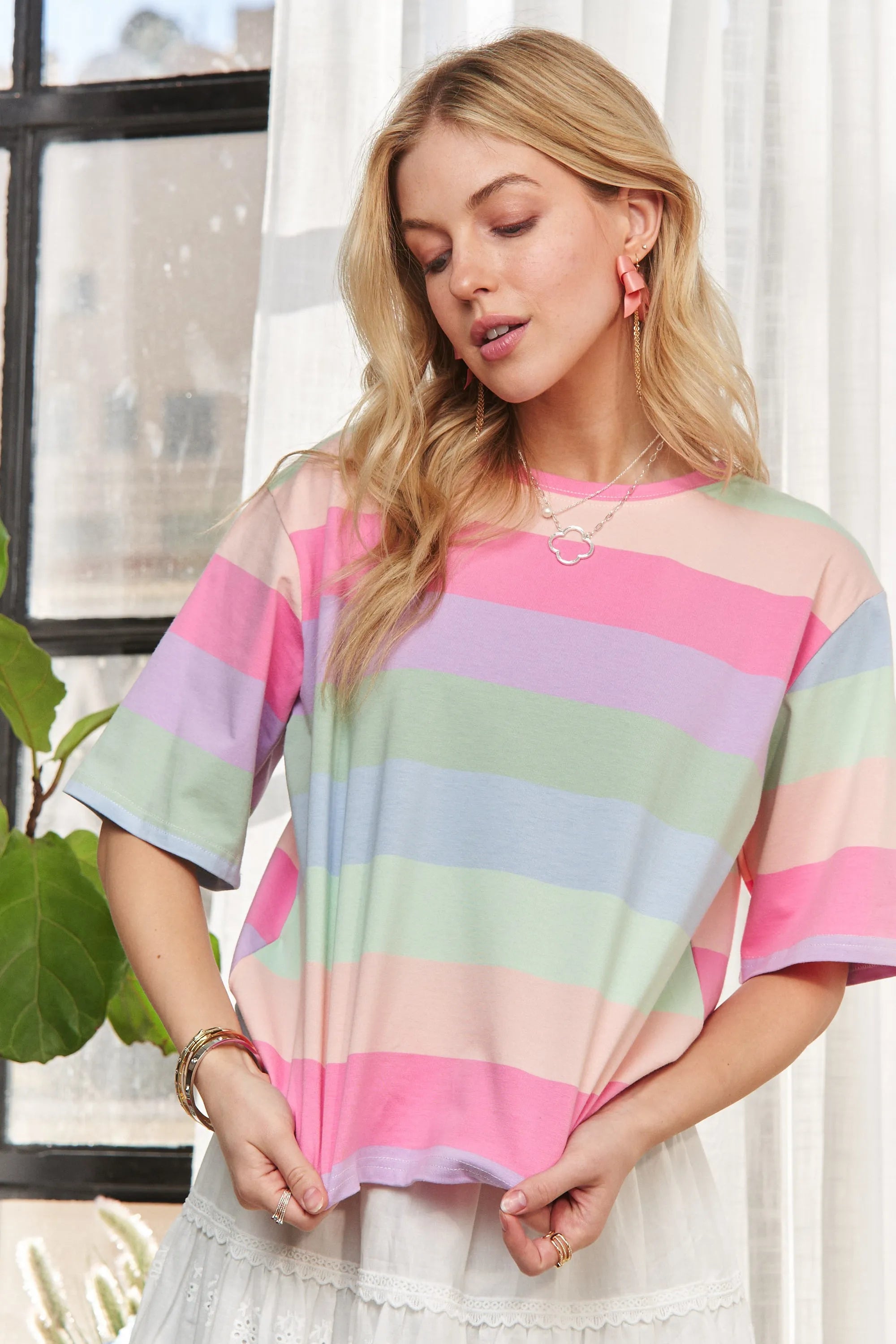 ADORA Multi Color Stripe Casual Top LILAC SAGE BLUE