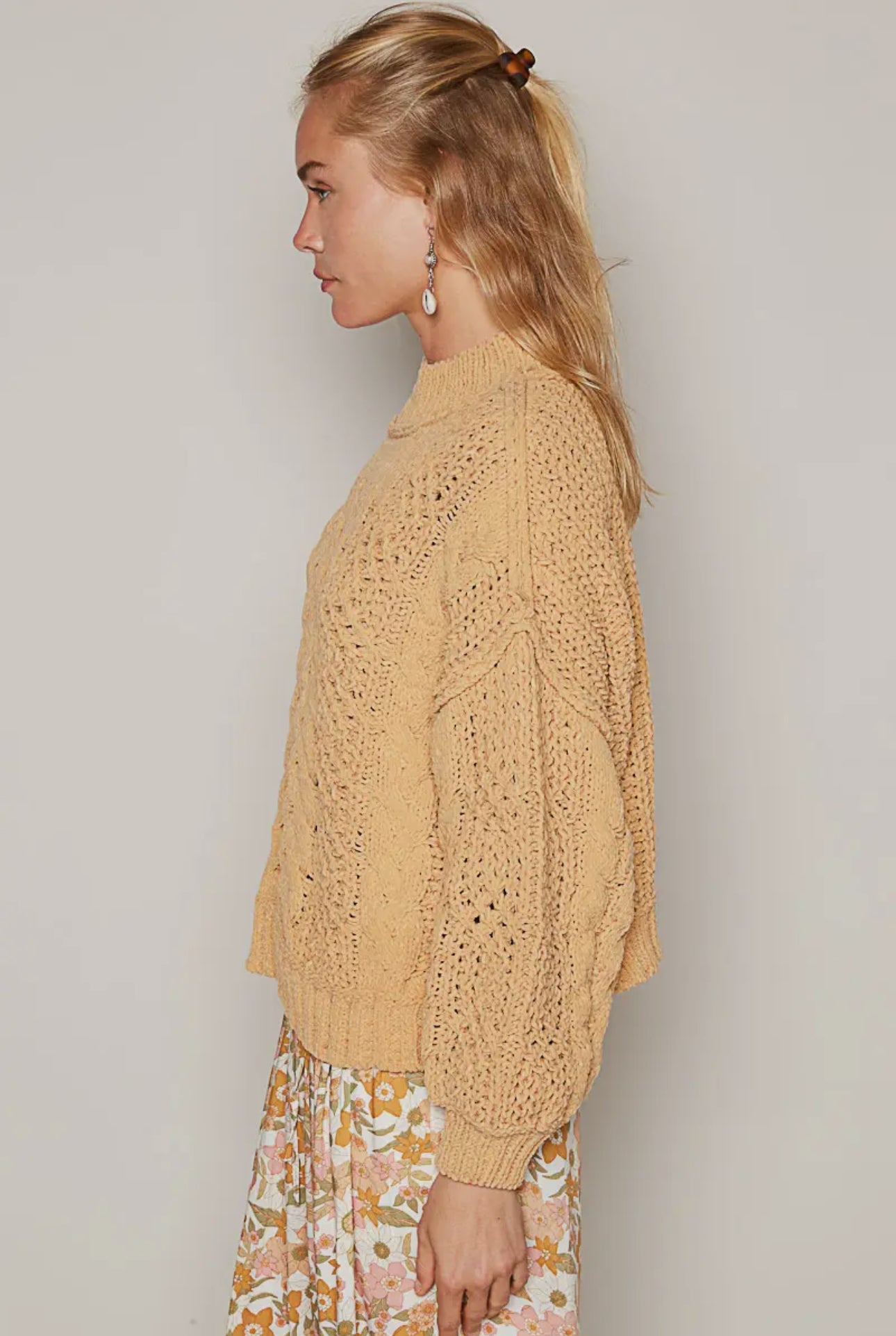 POL Honey Gold Mock Neck Chenille Cable Knit Sweater Trendsi