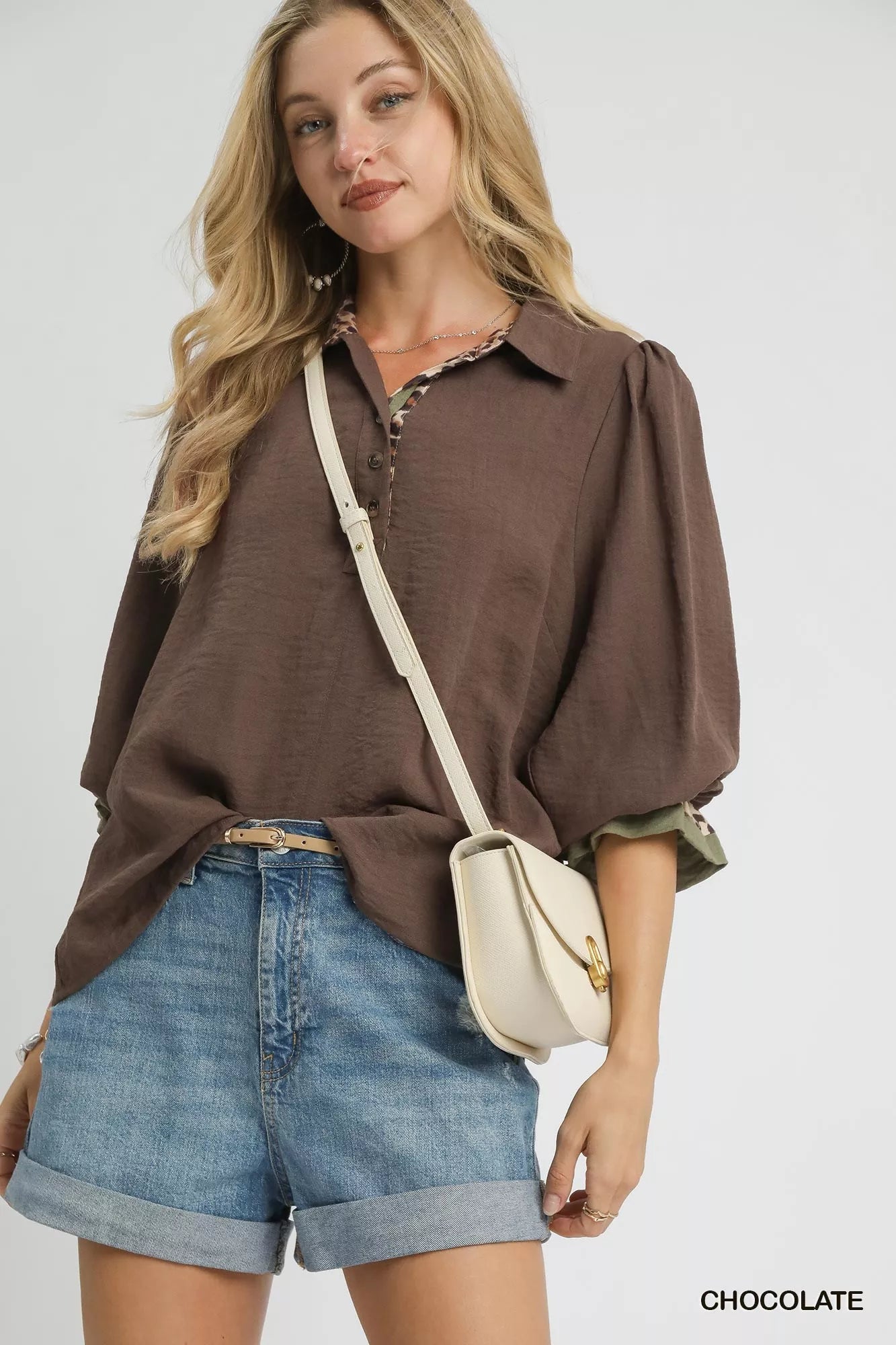 Umgee Chocolate Half Button Blouse with Leopard Print Trim