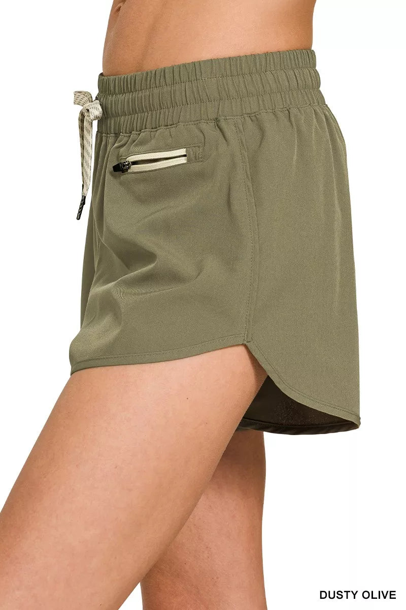Zenana Dusty Olive Soft Woven Lined Shorts with Zip Coin Pocket