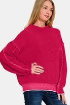 Zenana Viva Magenta Exposed Seam Mock Neck Long Sleeve Sweater Trendsi