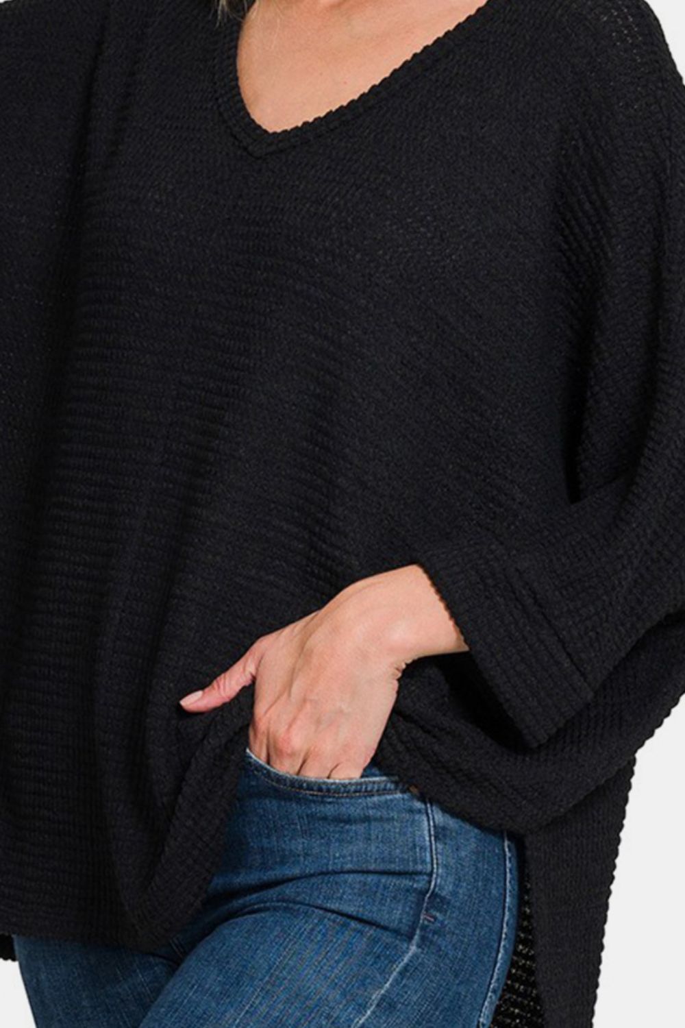 Zenana Black Waffle Knit V-Neck Long Sleeve Slit Top