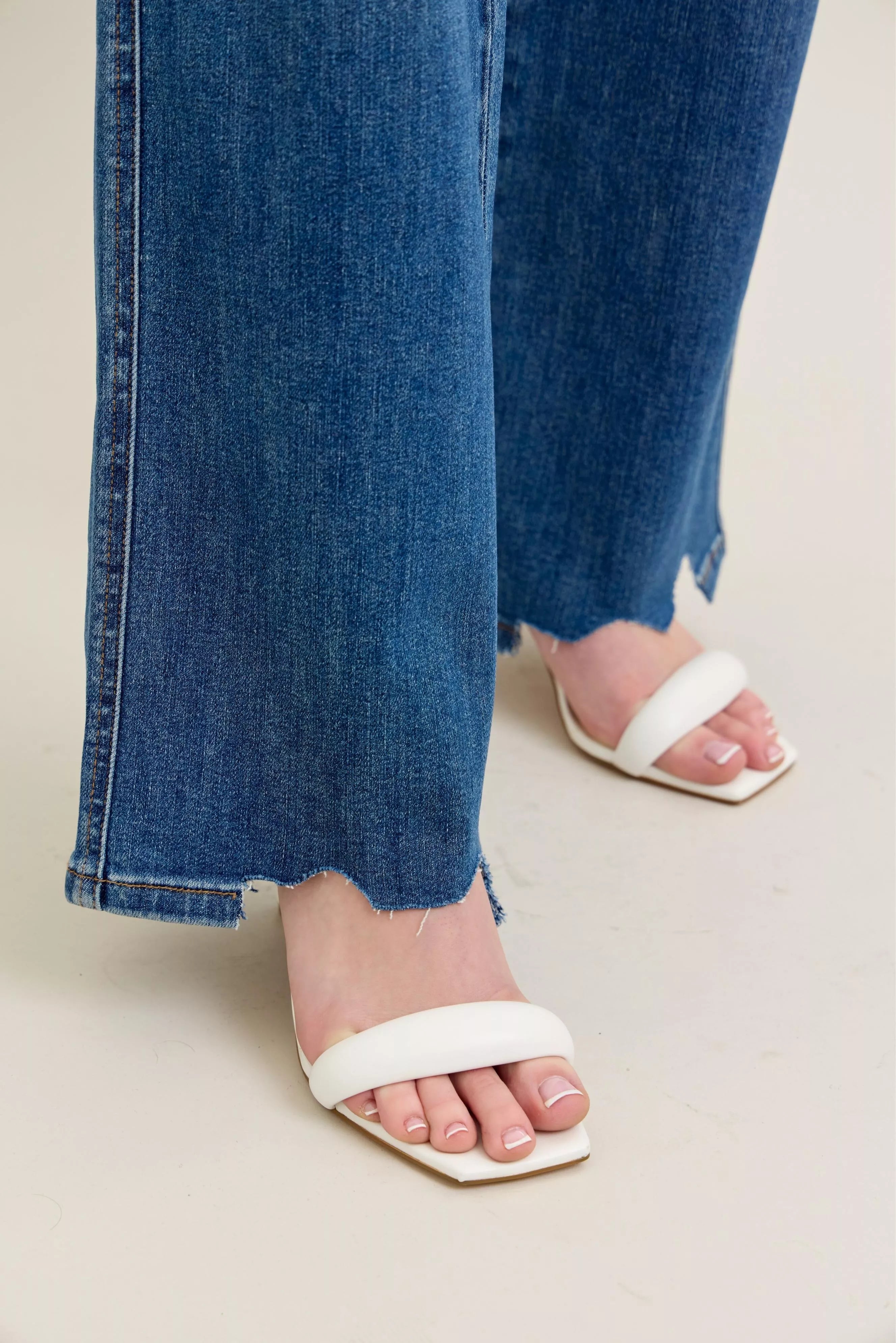 Judy Blue Medium Washed High Waist Tummy Control Chew Hem Destroyed Wide Jeans