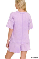 Zenana Bright Lavender Acid Washed Short Sleeve Tee & Shorts Set